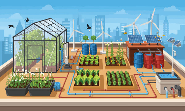 A renewable energy vector showing a green city rooftop garden with a solar panel illustration, promoting a sustainable lifestyle