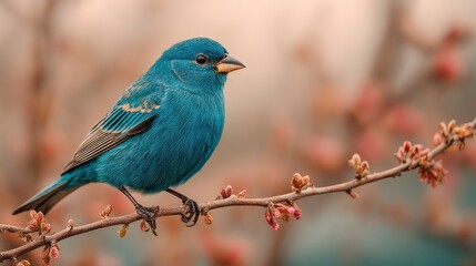 Indigo bunting perched delicately on a flowering branch, spring beauty