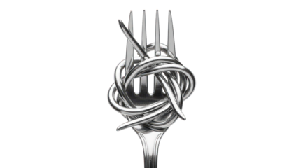 A metal fork with its tines tied in a knot, isolated on transparent background