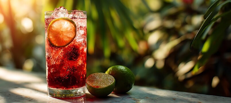 Refreshing summer cocktail recipe: red drink with lime and ice for a hot day party or poolside drink 100
