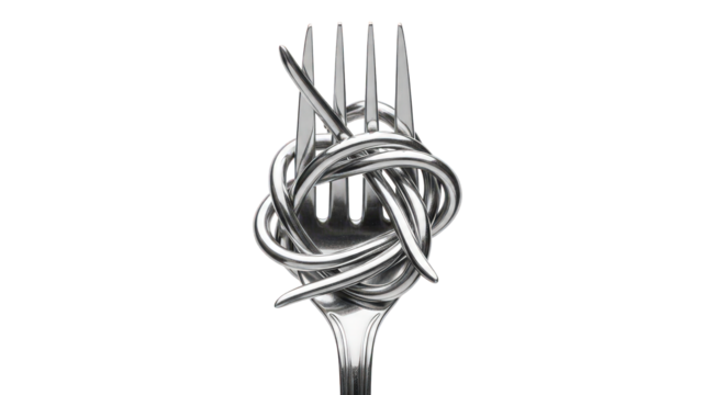 A metal fork with its tines tied in a knot, isolated on transparent background
