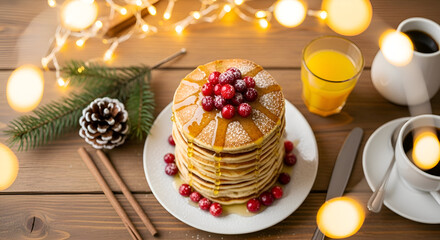 Cozy Christmas morning breakfast featuring a warm stack of fluffy pancakes with syrup and cranberries, surrounded by festive bokeh lights, coffee, and a pine branch on a rustic table