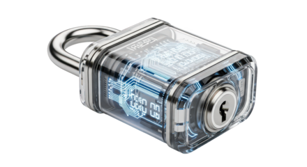 Transparent padlock with internal circuit board and glowing blue light, isolated on transparent background
