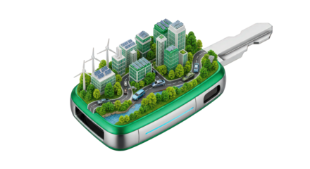 Green city on a car key, representing sustainable urban development and ecoconscious transportation, isolated on transparent background