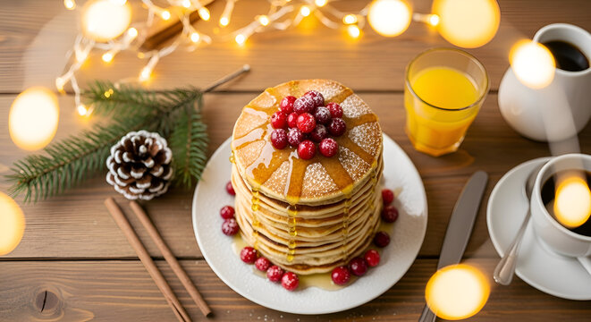 Cozy Christmas morning breakfast featuring a warm stack of fluffy pancakes with syrup and cranberries, surrounded by festive bokeh lights, coffee, and a pine branch on a rustic table