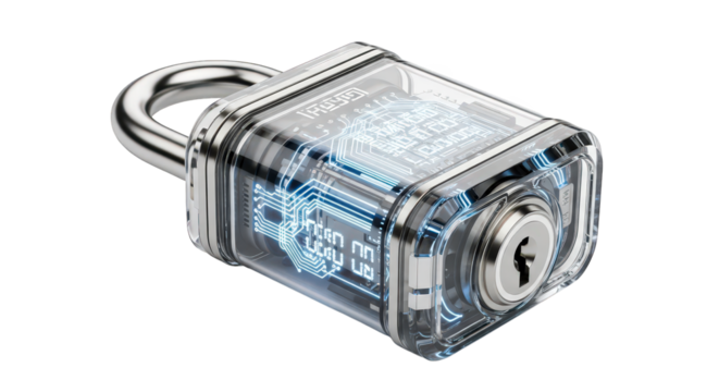Transparent padlock with internal circuit board and glowing blue light, isolated on transparent background