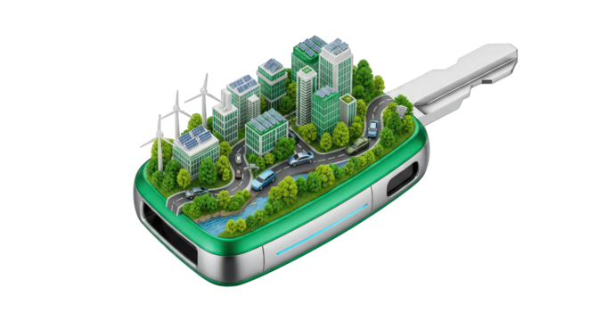 Green city on a car key, representing sustainable urban development and ecoconscious transportation, isolated on transparent background