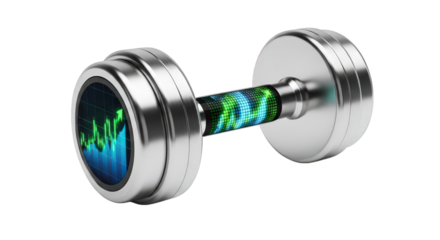 A futuristic dumbbell with a glowing green and blue energy core, isolated on transparent background