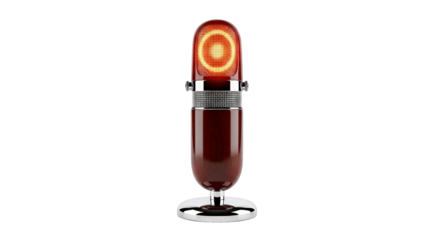 A vintagestyle microphone with a glowing orange light, isolated on transparent background
