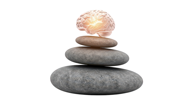 A glowing human brain balanced on stacked zen stones, isolated on transparent background