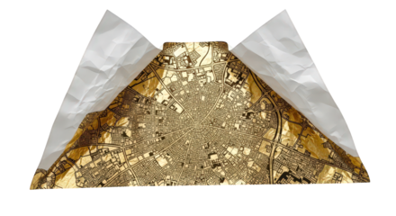 Top view of a city map covered in gold leaf, isolated on transparent background