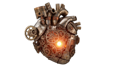 Steampunk mechanical heart with gears and a glowing center, isolated on transparent background