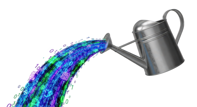 Watering can pouring a stream of colorful binary code data, isolated on transparent background