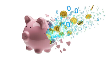 A piggy bank exploding with bitcoin cryptocurrency and binary code, isolated on transparent background