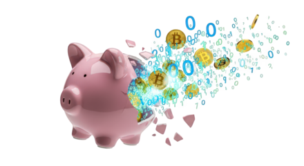 A piggy bank exploding with bitcoin cryptocurrency and binary code, isolated on transparent background