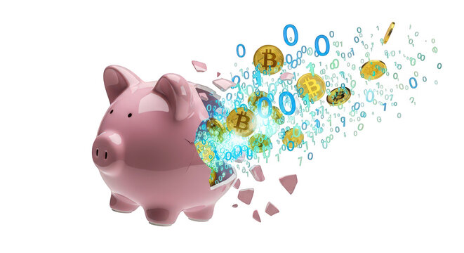 A piggy bank exploding with bitcoin cryptocurrency and binary code, isolated on transparent background