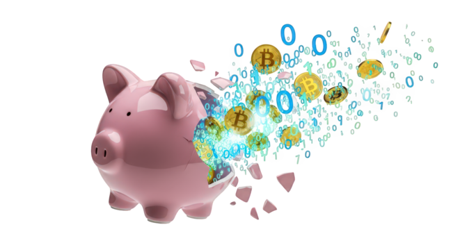 A piggy bank exploding with bitcoin cryptocurrency and binary code, isolated on transparent background