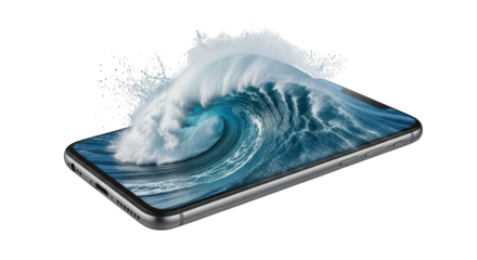 A powerful ocean wave crashing out of a smartphone screen, isolated on transparent background