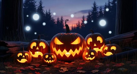 Autumnal Dusk Alight: A Vivid Assembly of Jack o' Lanterns in a Spectral Forest