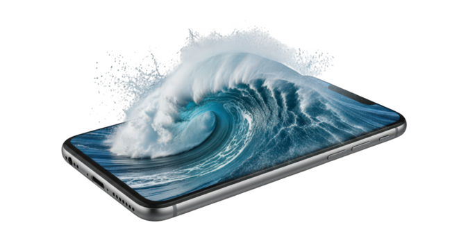 A powerful ocean wave crashing out of a smartphone screen, isolated on transparent background