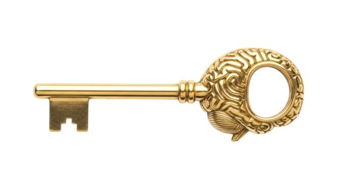 Ornate antique brass key with intricate brain design on the bow, isolated on transparent background