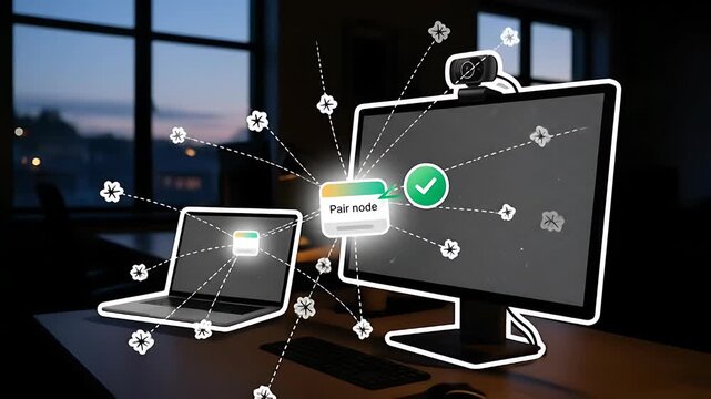 Dusk office desktop: a sticker-style pair node pops between a webcam and monitor; a subtle star and a tidy check declare the connection ready