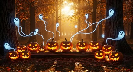 Gossamer Twilight: Mischievous Jack o' Lanterns in an Enshrouded Forest