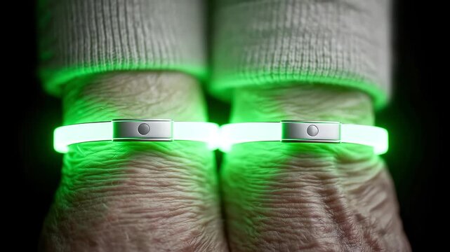 Close-up of Fluorescent Bracelet on Wrist, Full of Technology