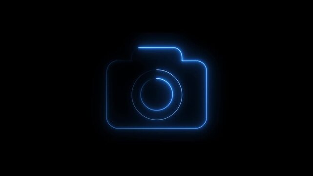 glowing neon camera icon isolated , recording, and film themes. Social media video camera Animation of glowing neon Video camera.Blue and pink color glow neon camera.glowing neon purple