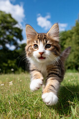 Cute kitten running toward camera on green grass under blue sky
