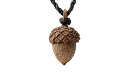 Nature-inspired necklace with a pendant shaped like an acorn, isolated on a Transparent background, PNG file.
