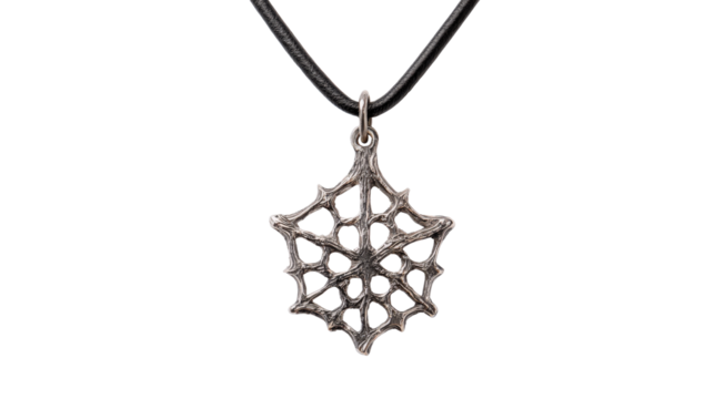 Nature-inspired necklace with a pendant shaped like an intricate spiderweb, isolated on a Transparent background, PNG file.
