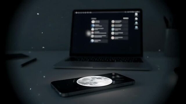 Wide evening desk: phone foreground moon glows as laptop notifications dim behind; a soft vignette and micro particles fade to a final check