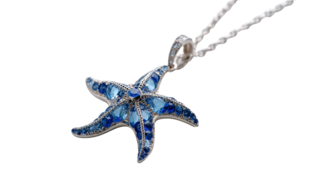 Necklace featuring a pendant shaped like a starfish with gemstone details, isolated on a Transparent background, PNG file.