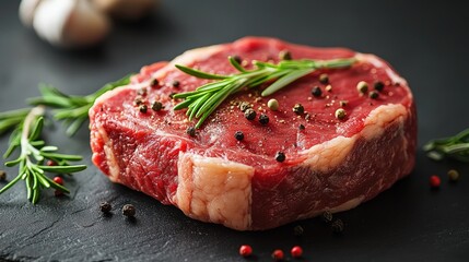 Raw steak, seasoned with rosemary and peppercorns, on a dark slate surface, with garlic cloves visible