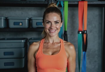 Fitness instructor smiling beside exercise equipment storage area