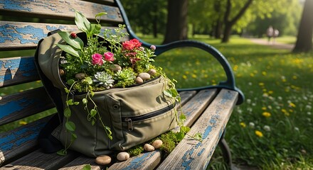 Backpack bursting with life on a weathered park bench evoking tranquility and whimsical natural beauty