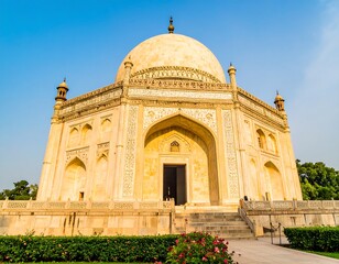 Ornate beige tomb structure, bathed in sunlight