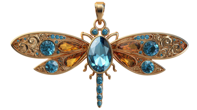 Pendant designed like a dragonfly with intricate gemstone wings, isolated on a Transparent background, PNG file.
