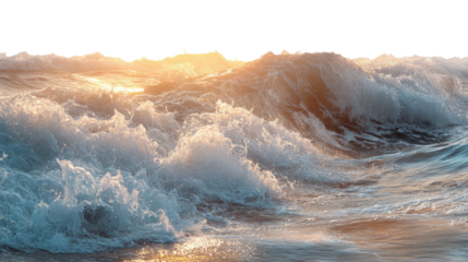Ocean Waves at Sunset: Beautiful ocean waves crashing at sunset, with golden hues reflecting off the water, isolated on a Transparent background, PNG file.