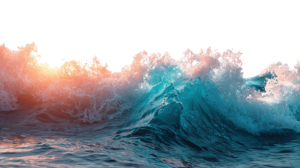 Ocean Waves at Sunset: Beautiful ocean waves crashing on the shore with a vibrant sunset in the background, isolated on a Transparent background, PNG file.