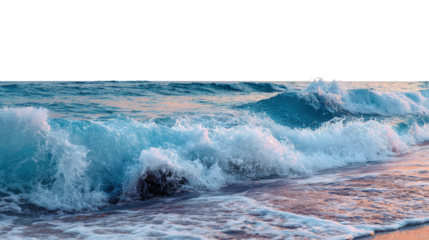 Ocean Waves at Sunset: Beautiful ocean waves crashing on the shore with a vibrant sunset in the background, isolated on a Transparent background, PNG file.