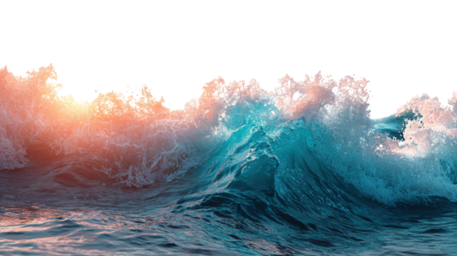 Ocean Waves at Sunset: Beautiful ocean waves crashing on the shore with a vibrant sunset in the background, isolated on a Transparent background, PNG file. - Powered by Adobe