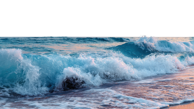 Ocean Waves at Sunset: Beautiful ocean waves crashing on the shore with a vibrant sunset in the background, isolated on a Transparent background, PNG file.