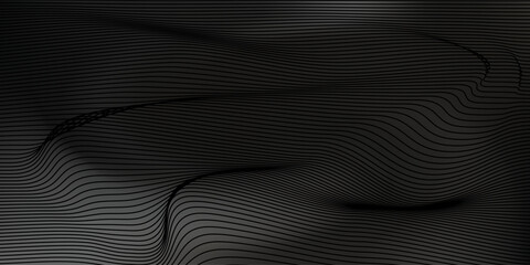 Abstract futuristic dark black background with waved design. Realistic 3d wallpaper with luxury flowing lines. vector Eps 10