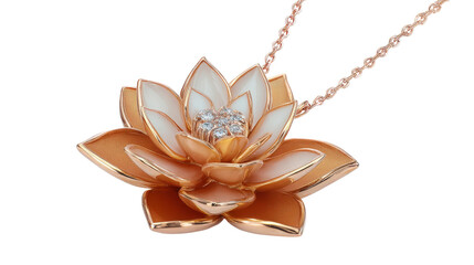 Pendant in the shape of a lotus flower with rose gold petals and a diamond center, isolated on a Transparent background, PNG file.