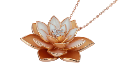 Pendant in the shape of a lotus flower with rose gold petals and a diamond center, isolated on a Transparent background, PNG file.
