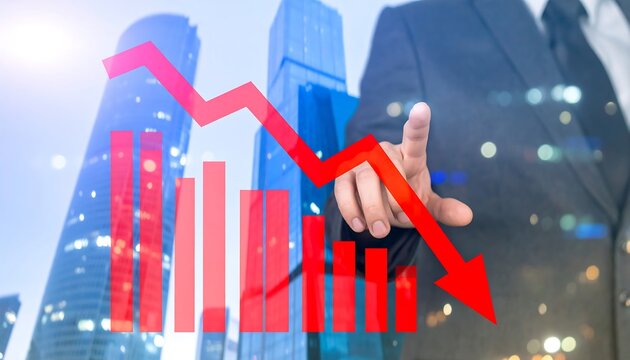 A hand points to a dramatic decline in bar graph projected onto a cityscape backdrop. - Powered by Adobe