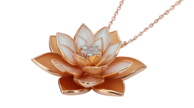 Pendant in the shape of a lotus flower with rose gold petals and a diamond center, isolated on a Transparent background, PNG file.