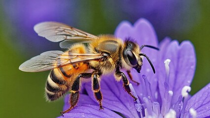 Macro shot of a bee collecting nectar on a vivid purple flower, showing fine wing detail and body texture in natural light, pollination, biodiversity, spring flora, balance of the natural ecosystem